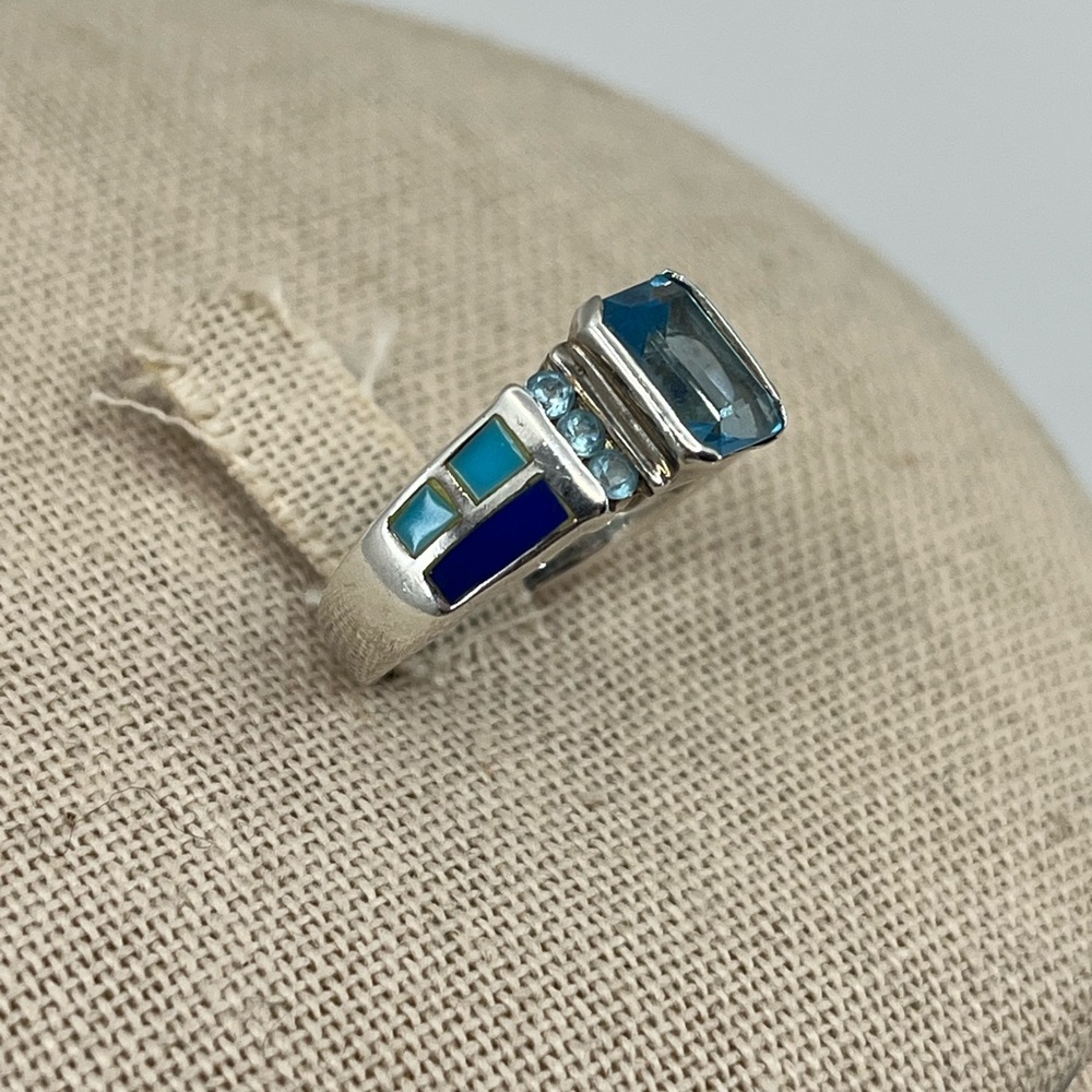 Vintage 925 Sterling Silver Turquoise Lapis Inlay Ring Size 5 - Picture 7 of 16